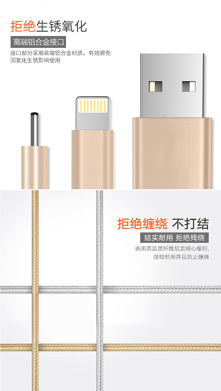 Haweel USB数据线手机数据线/充电线 适用于苹果iPhone5s/6s/Plus iPad Air Pro Mini2/3/4 编织线银色